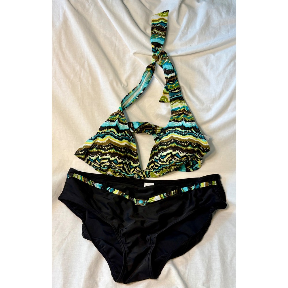 Christina Womens Bikini Set Size 12 Halter Top Black Bottom Abstract Print Blue